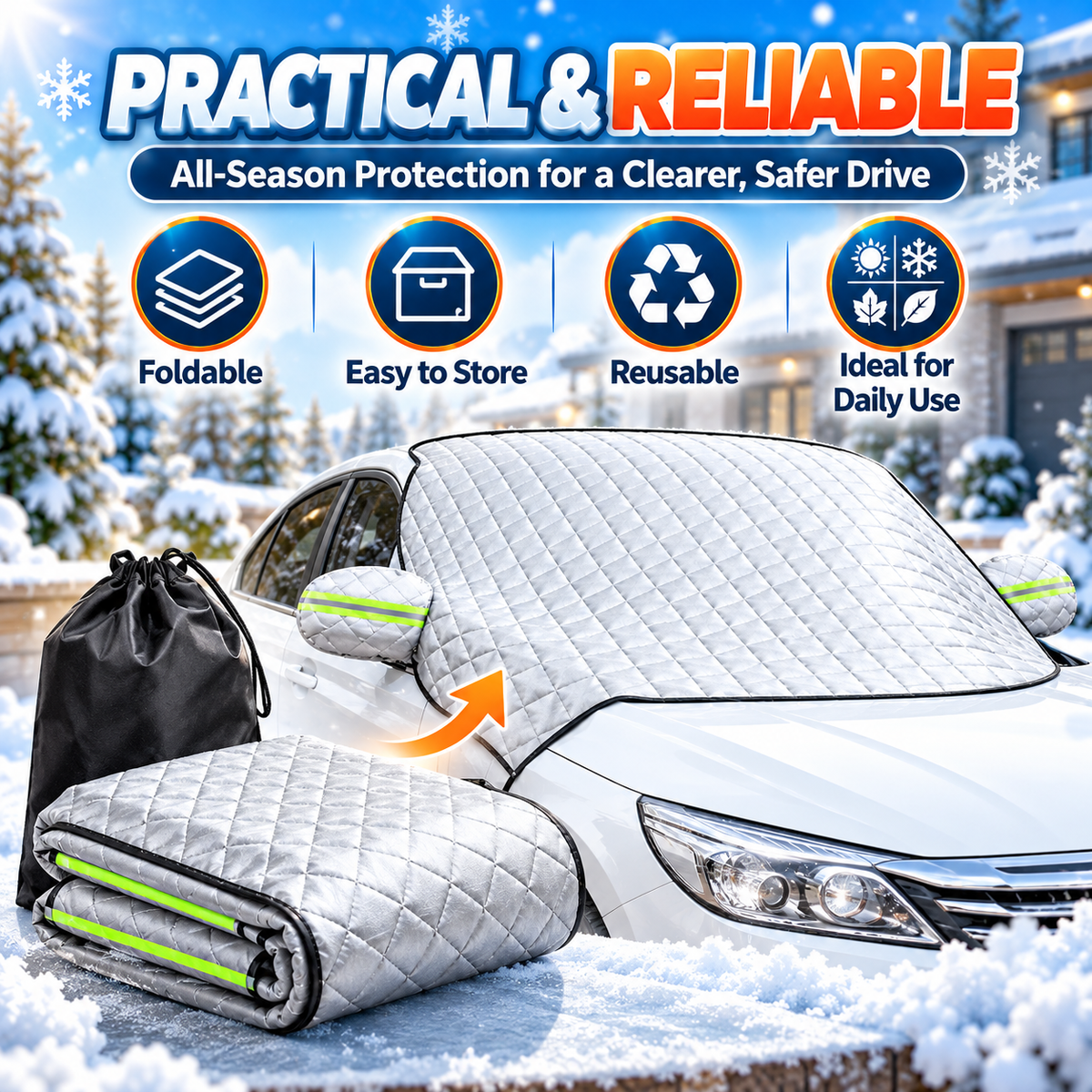 4-Layer Car Windshield Snow Cover – 63" × 46" Waterproof Frost & Ice Protector with Side Mirror Covers