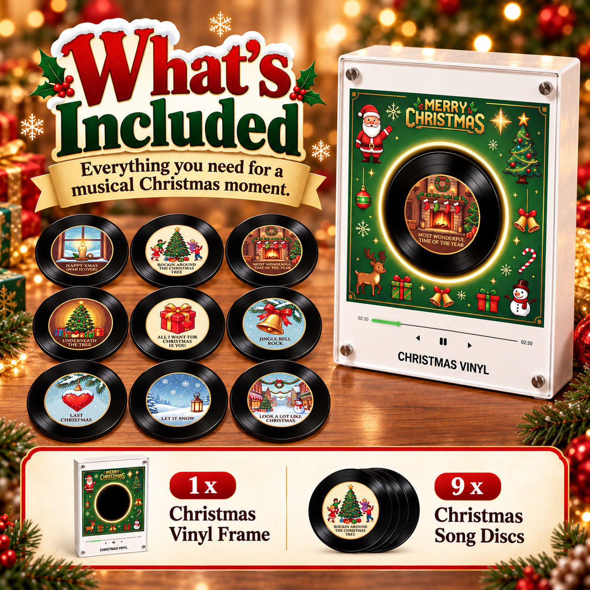 🎅Christmas Vinyl Fridge Music Player – Magnetic Holiday Speaker with 9 Song Discs
