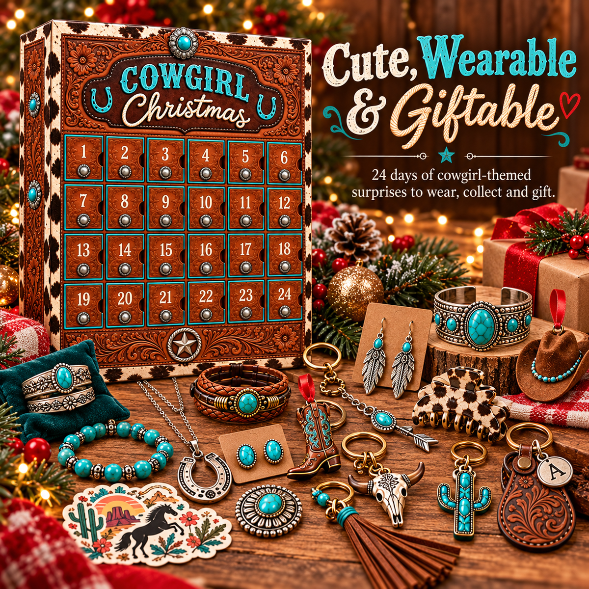 Cowgirl Christmas Advent Calendar – 24 Western-Inspired Surprises with Turquoise-Style Jewelry, Accessories & Keepsakes