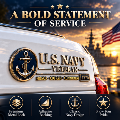 U.S. Navy Veteran Metal Car Emblem – 3D Adhesive Badge, No-Drill Military-Inspired Car & Truck Decoration
