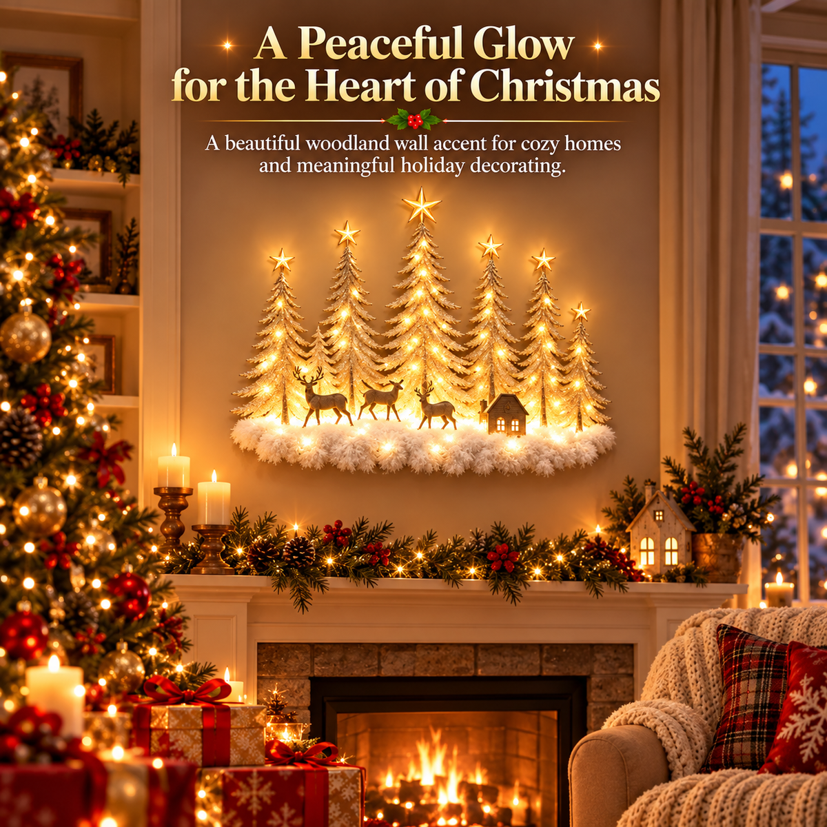 🌲 Lighted Winter Woodland Forest Wall Decor – Warm LED Christmas Tree, Deer & Cottage Scene