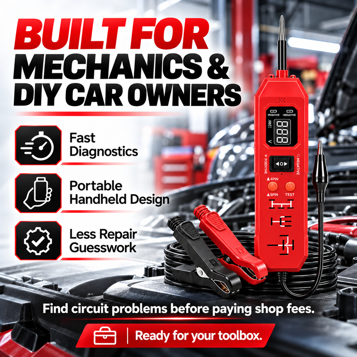 Automotive Circuit & Relay Tester – 12V/24V Electrical Diagnostic Power Probe with Voltage, Polarity, Continuity & Short-Circuit Testing