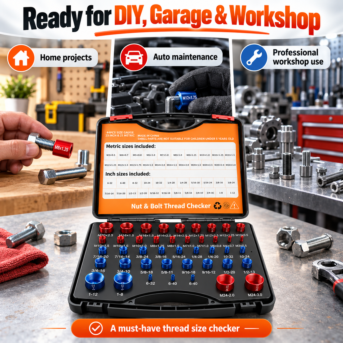 26/44-Piece Nut & Bolt Thread Checker Set – Metric & SAE Thread Gauge with Portable Carrying Case
