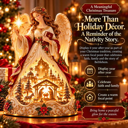 Lighted Christmas Angel Nativity Figurine – Bethlehem Star & Holy Family Tabletop Decor with Warm Golden Glow