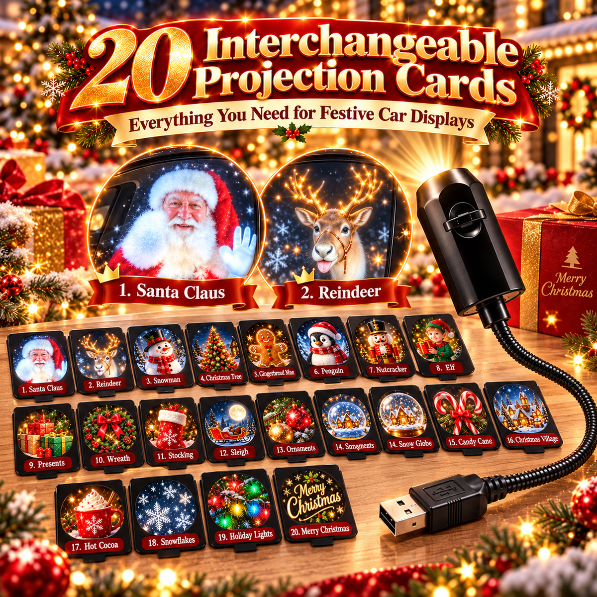 20-Pattern Christmas Car Window Projector – USB Powered Holiday Light with 360° Flexible Neck