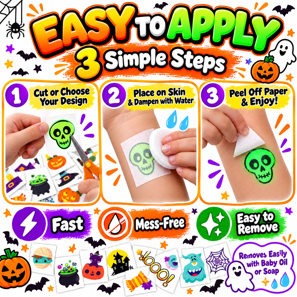 Glow-in-the-Dark Halloween Temporary Tattoos for Kids