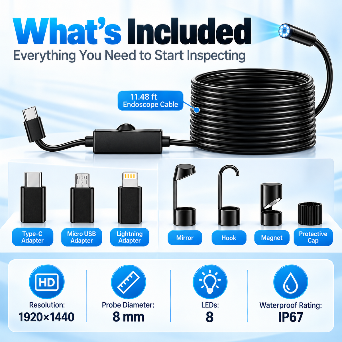 1920×1440 HD Endoscope Camera – 11.48FT Semi-Rigid Borescope with 8 LED Lights for iPhone & Android