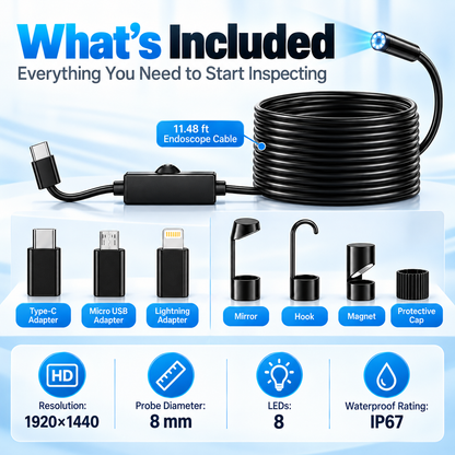1920×1440 HD Endoscope Camera – 11.48FT Semi-Rigid Borescope with 8 LED Lights for iPhone & Android