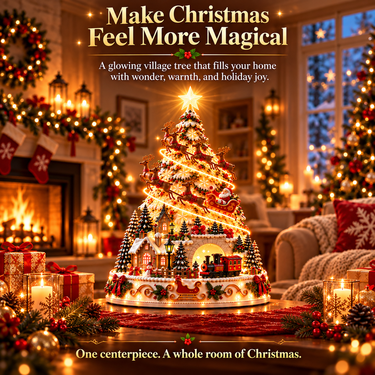 🏆 60,000+ Sold - 🎄Santa Express Christmas Village Lightscape Tree – 3D Lighted Village Centerpiece with Room-Filling Projection