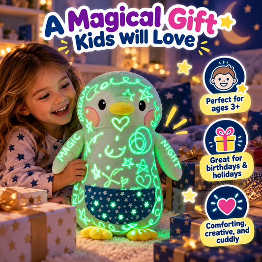 Pingüino de peluche que dibuja con luz – Peluche de 17,5" que brilla en la oscuridad con lápiz luminoso