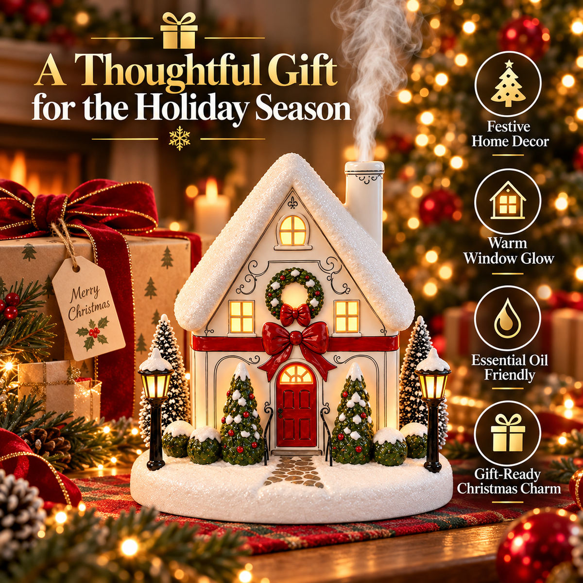 Christmas House Aroma Diffuser – Light-Up Holiday Humidifier with Chimney Mist & Warm Window Glow