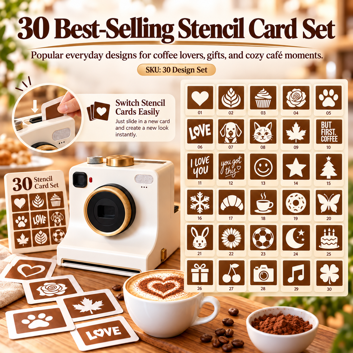 Rechargeable Coffee Art Printer – 30-Design Latte Stencil Maker for Cappuccino, Matcha & Hot Chocolate