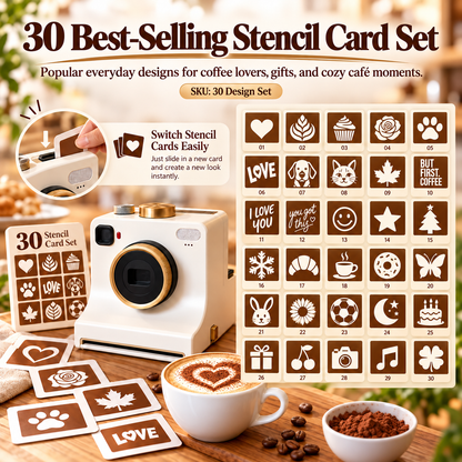 Rechargeable Coffee Art Printer – 30-Design Latte Stencil Maker for Cappuccino, Matcha & Hot Chocolate