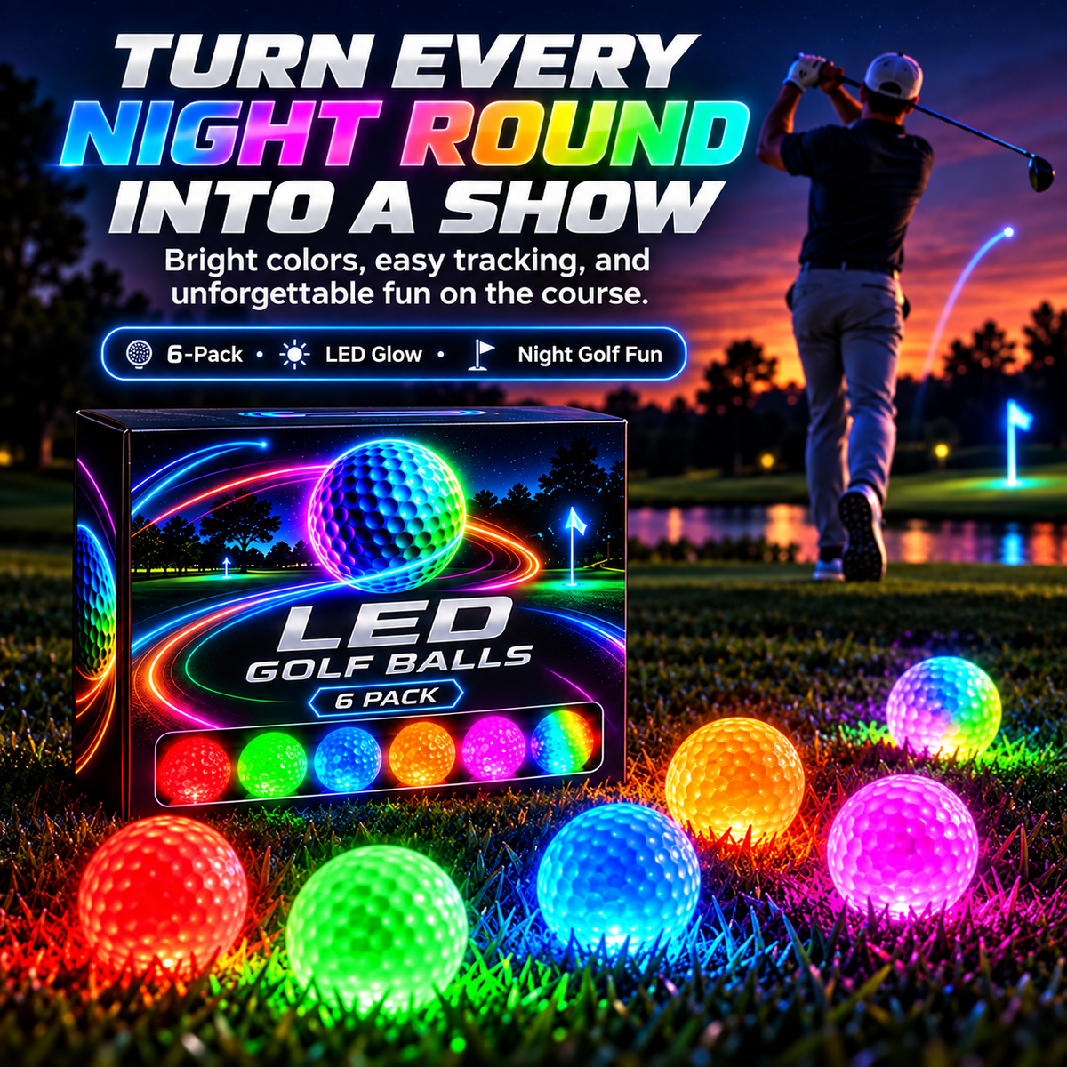 Impact-Activated LED Golf Balls 6-Pack – Multicolor Light-Up Golf Balls for Night Golf