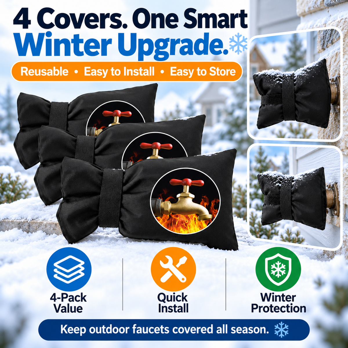 4-Pack Insulated Outdoor Faucet Covers – Reusable Winter Freeze Protection for Garden Faucets