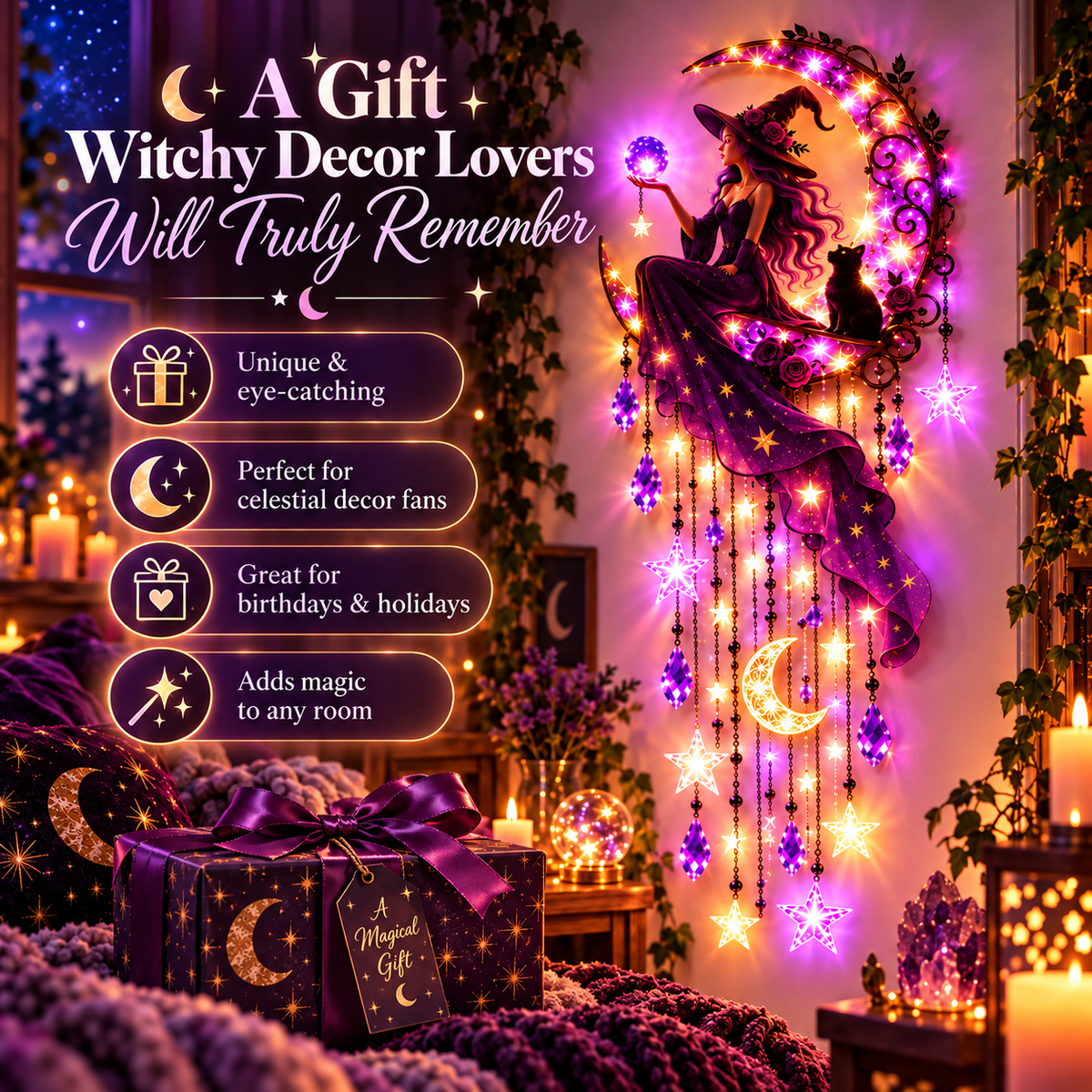 Witch Moon Starfall Wall Light – Purple Celestial Witch Decor with Crescent Moon, Stars & Crystal Accents
