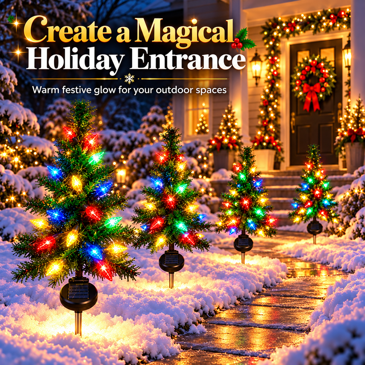 4-Pack Solar Christmas Tree Pathway Lights – 27.6" Pre-Lit Multicolor Outdoor Holiday Yard Stakes with Auto On/Off Sensor