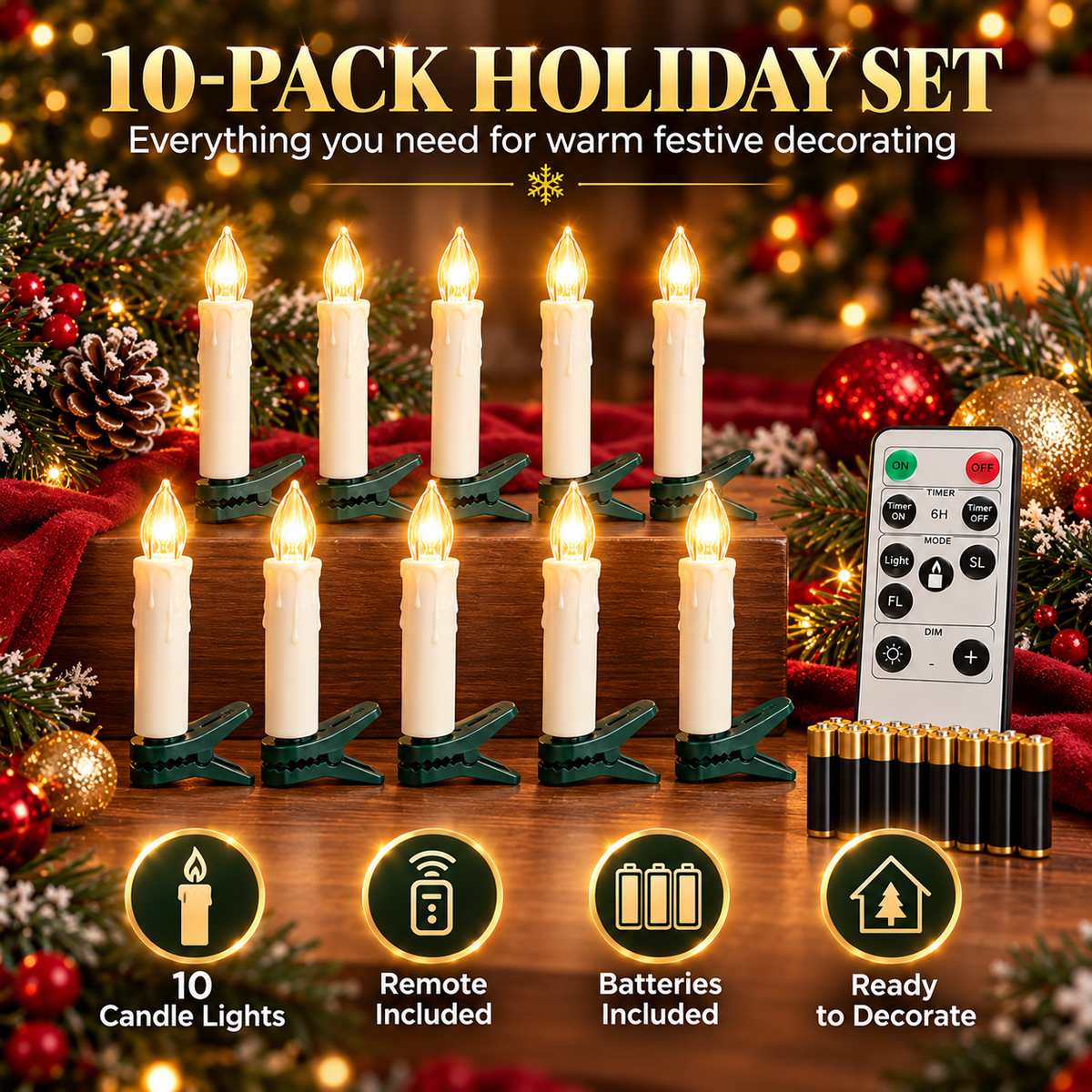10-Pack Flameless Christmas Candle Clip Lights – Remote-Controlled Dimmable LED Tree Candles with Timer & Flickering Mode