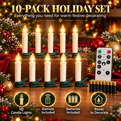10-Pack Flameless Christmas Candle Clip Lights – Remote-Controlled Dimmable LED Tree Candles with Timer & Flickering Mode