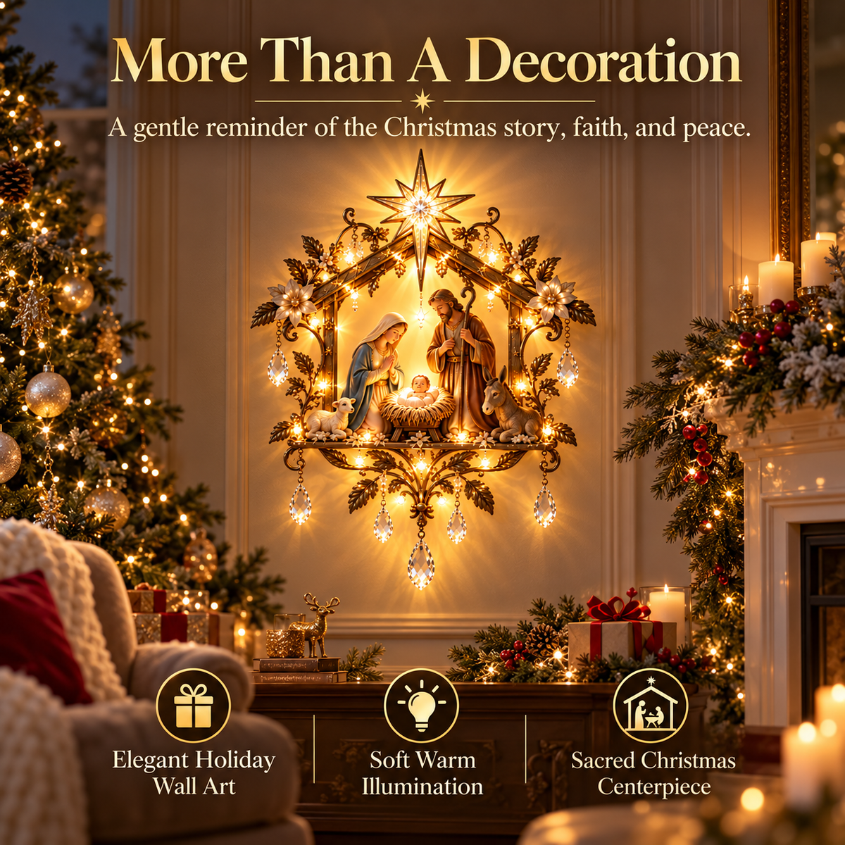 Bethlehem Nativity Glow Lighted Wall Decor – 3D Holy Family Christmas Wall Art with Warm Star Glow