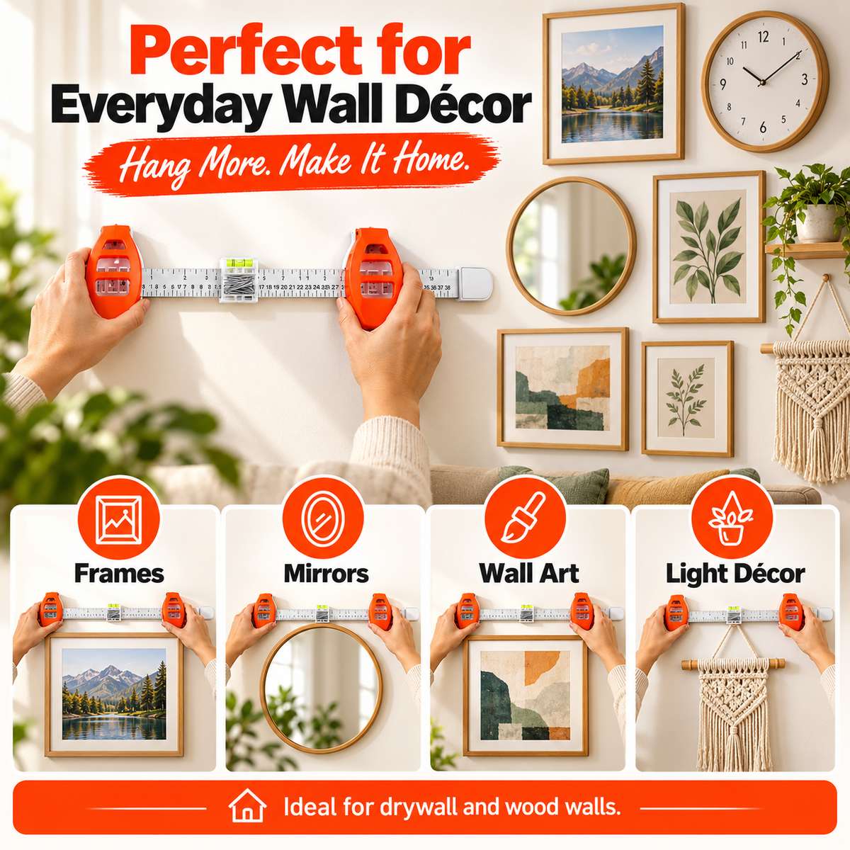 All-in-One Picture Hanging Tool with Level & Ruler – Dual Nail Positioning Frame Alignment Guide
