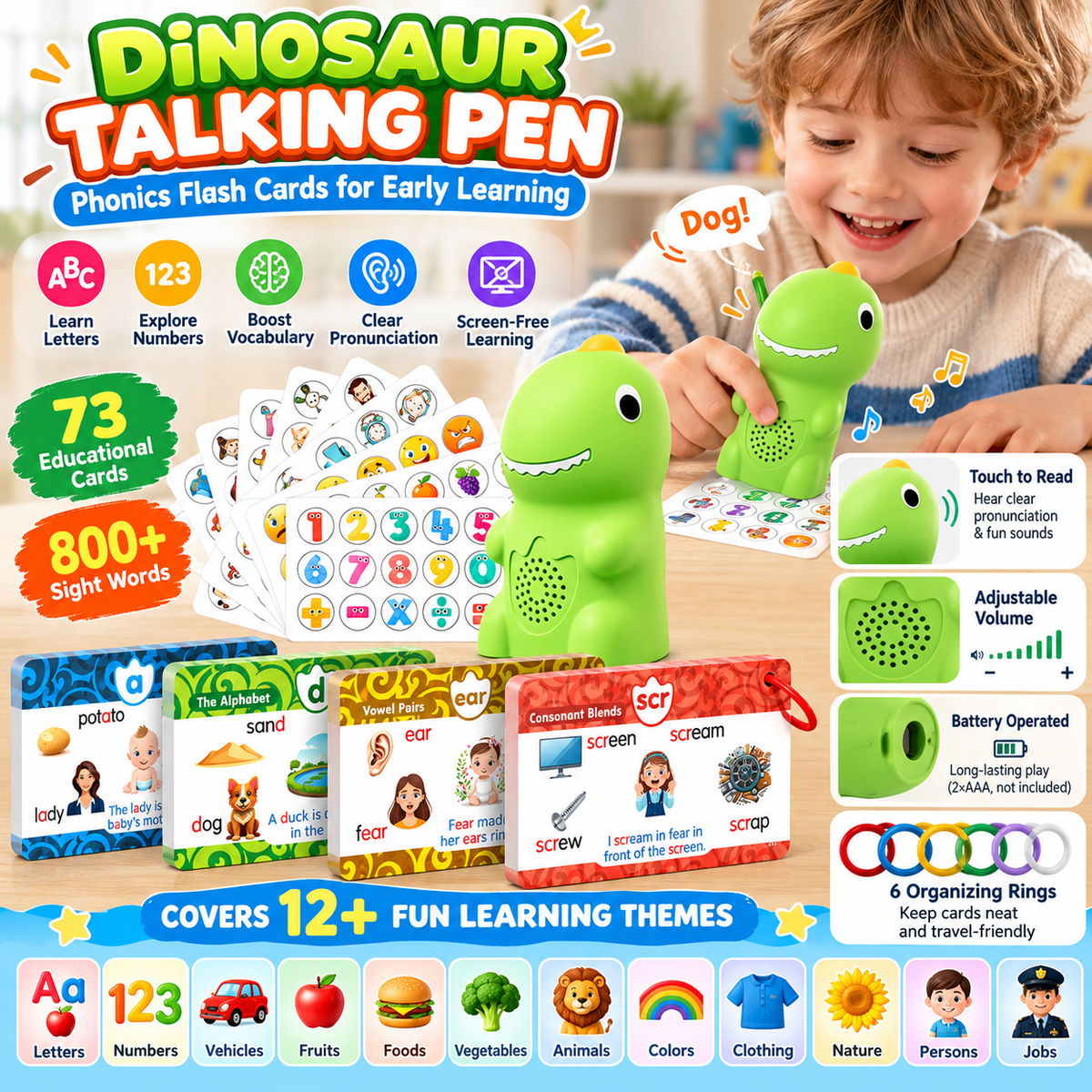Dinosaur Talking Learning Pen with Phonics Cards – Screen-Free ABC, 123, Sight Words & Vocabulary Learning Toy for Kids