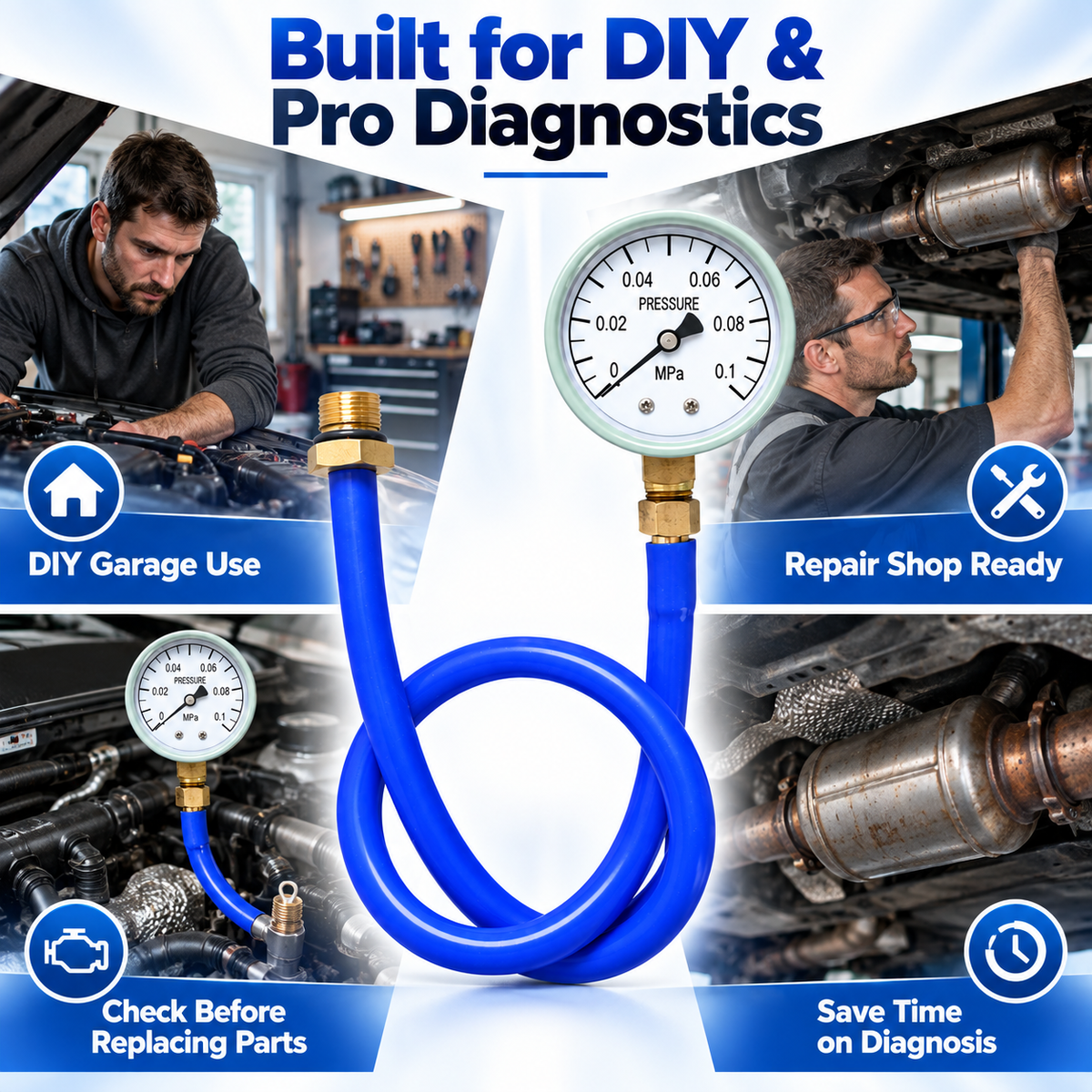 Exhaust Back Pressure Tester Kit – 2.5" Pressure Gauge with M12/M18 Adapters for Exhaust & Catalytic Converter Diagnostics
