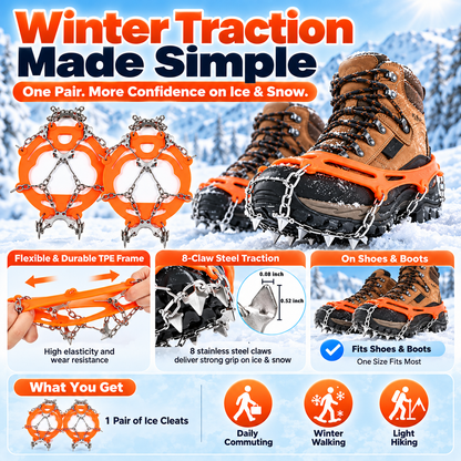 8-Spike Ice Cleats for Shoes & Boots – Stretch-Fit Anti-Slip Snow Grips for Winter Walking