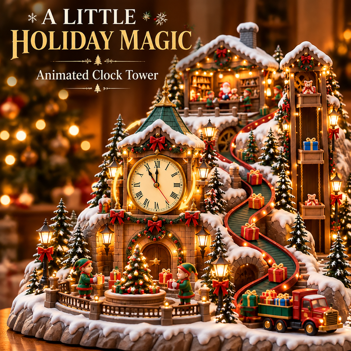 Animated Christmas Toy Factory Village with Moving Clock & Gift Conveyor, USB-C Rechargeable Lighted Holiday Centerpiece