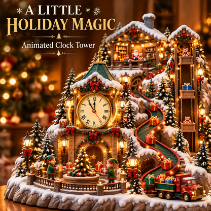 Animated Christmas Toy Factory Village with Moving Clock & Gift Conveyor, USB-C Rechargeable Lighted Holiday Centerpiece