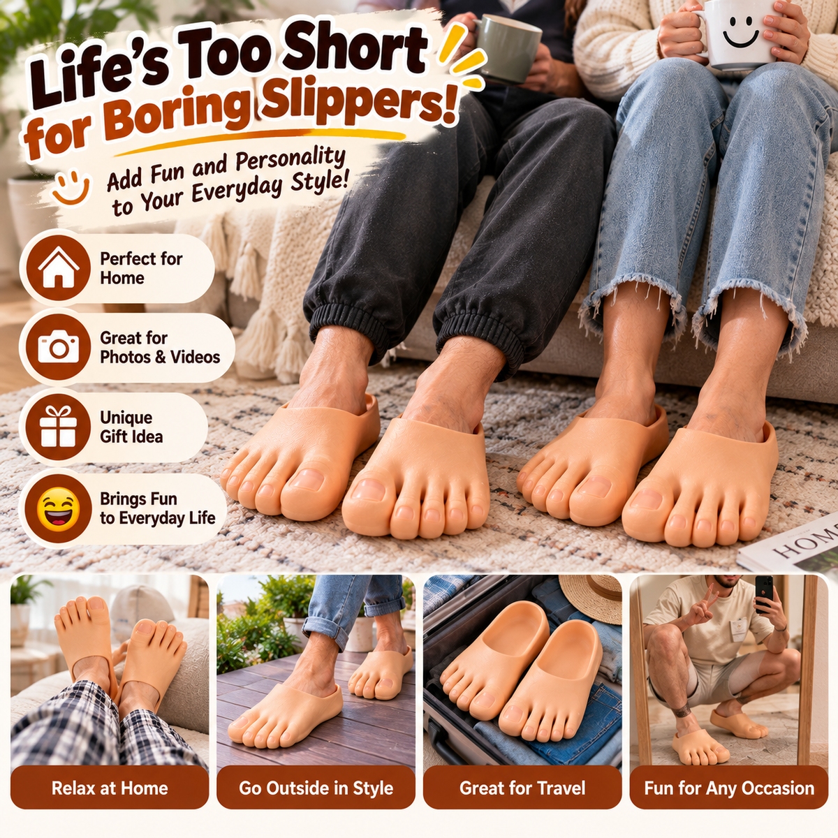 🔥Last Day 50% OFF-😂 Realistic Barefoot Slippers – Funny Giant Toe Slides, Hilarious Prank Gift 👣