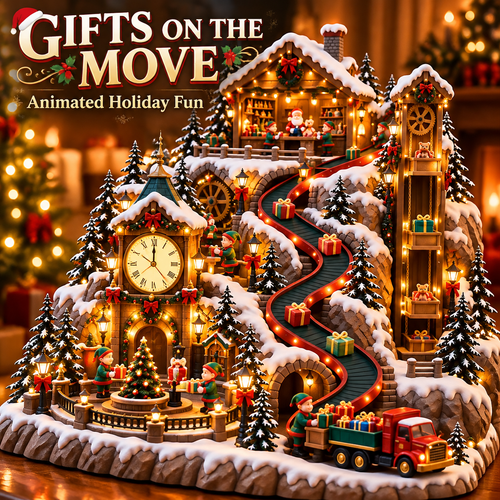 Animated Christmas Toy Factory Village with Moving Clock & Gift Conveyor, USB-C Rechargeable Lighted Holiday Centerpiece