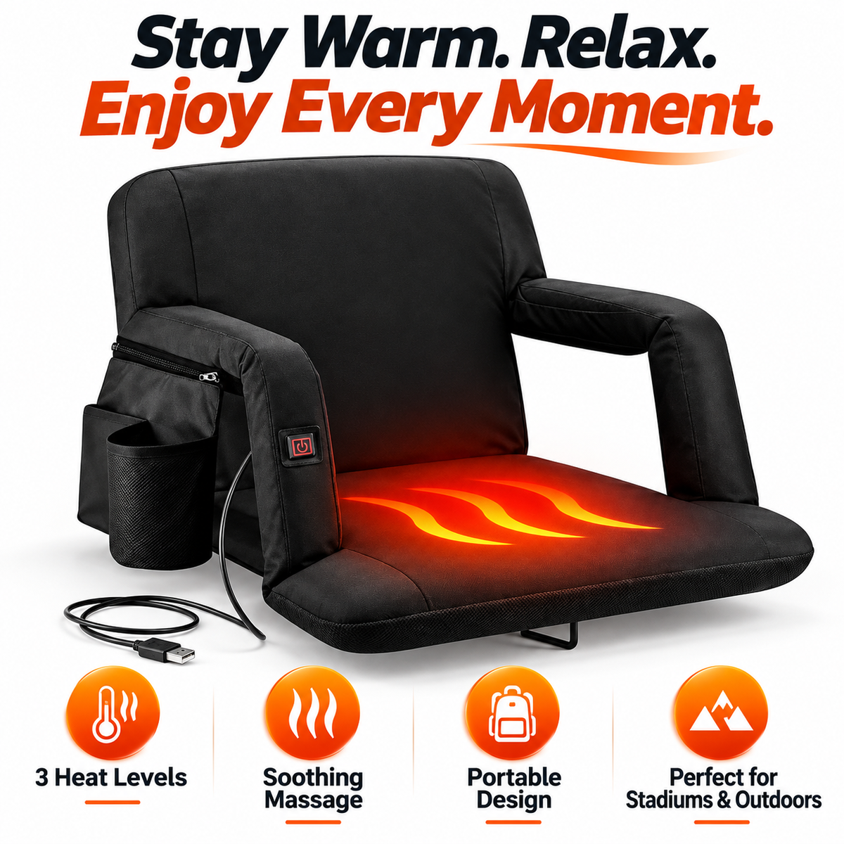 USB Heated Massage Stadium Seat – Portable Reclining Bleacher Chair with 3 Heat Levels, Foldable Armrests & Cup Holder