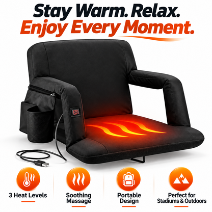 USB Heated Massage Stadium Seat – Portable Reclining Bleacher Chair with 3 Heat Levels, Foldable Armrests & Cup Holder