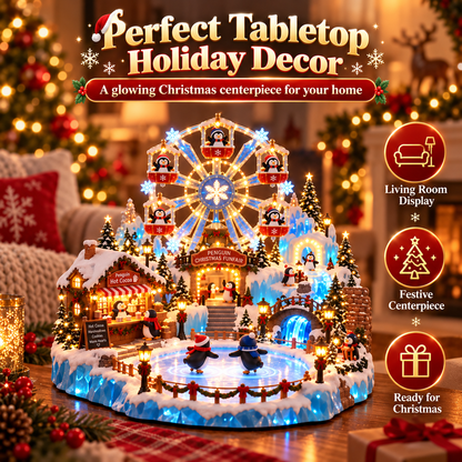 Animated Penguin Christmas Village – Lighted Ferris Wheel & Moving Ice Skaters Tabletop Decor-USB-C Rechargeable