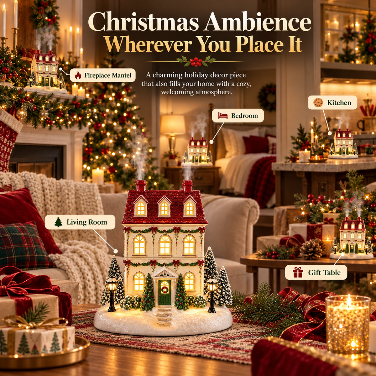 🔥Last Day 50% OFF🎄 Christmas House Aroma Diffuser – Warm Light & Gentle Mist Holiday Decor