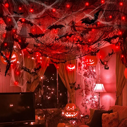 Halloween Spider Web Decorations with 32FT String Lights, 300 sqft Stretch Cobwebs, Black Creepy Cloth, Fake Bats and Spiders for Indoor Outdoor Yard Doorway Entryway Decor