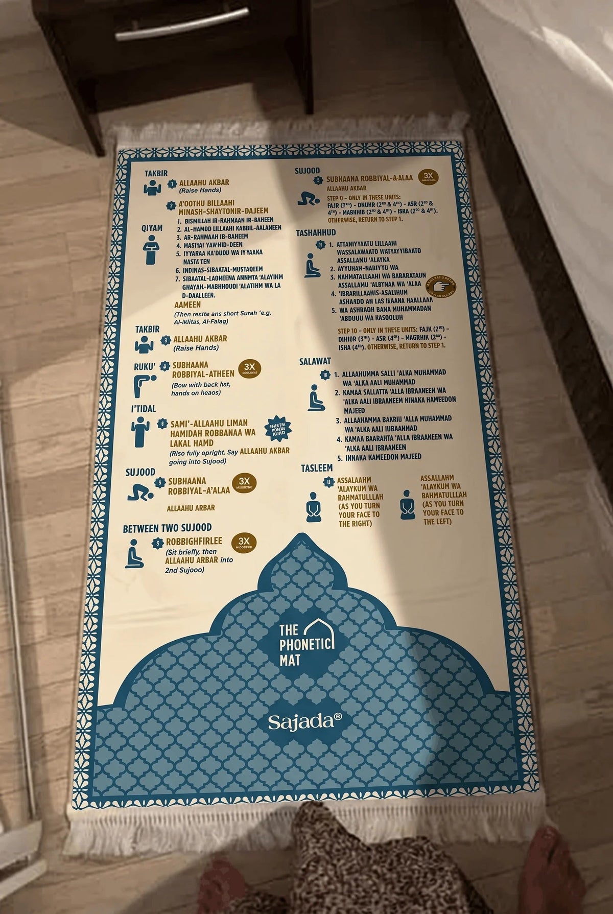 Overhead view of the phonetic prayer mat showing printed steps for Salah and posture illustrations