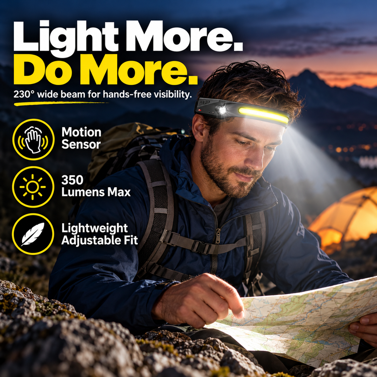 Rechargeable LED Headlamps - 230° Wide View, Motion Sensor