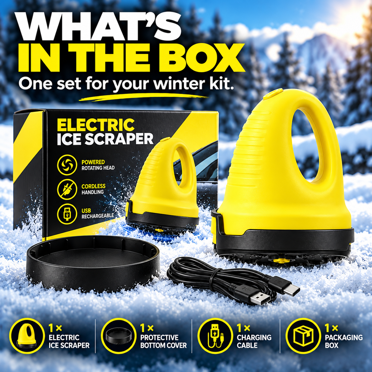 Cordless Electric Ice Scraper for Car Windshields – 1600 RPM Rotating Ice Remover, USB Rechargeable