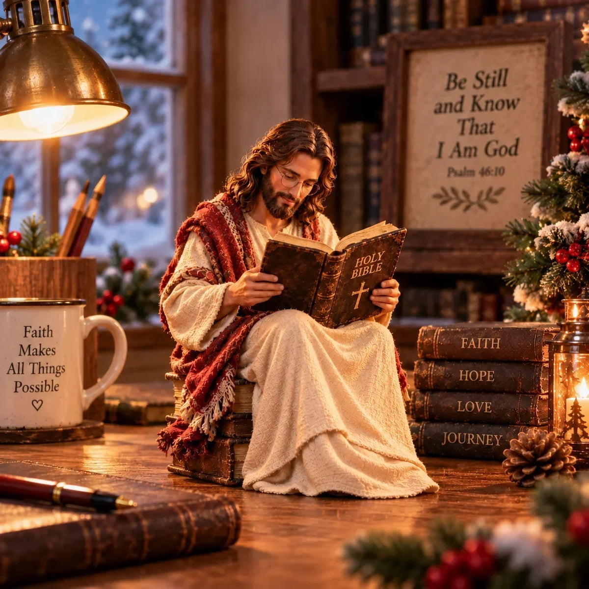 Jesus Reading the Bible Figurine – Peaceful Christian Faith Decor for Desk, Bookshelf, Bedside & Prayer Space