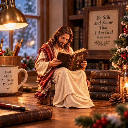 Jesus Reading the Bible Figurine – Peaceful Christian Faith Decor for Desk, Bookshelf, Bedside & Prayer Space