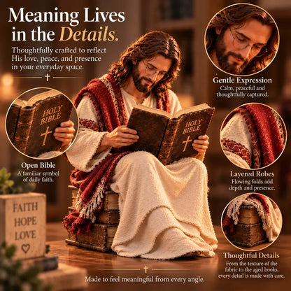 Jesus Reading the Bible Figurine – Peaceful Christian Faith Decor for Desk, Bookshelf, Bedside & Prayer Space
