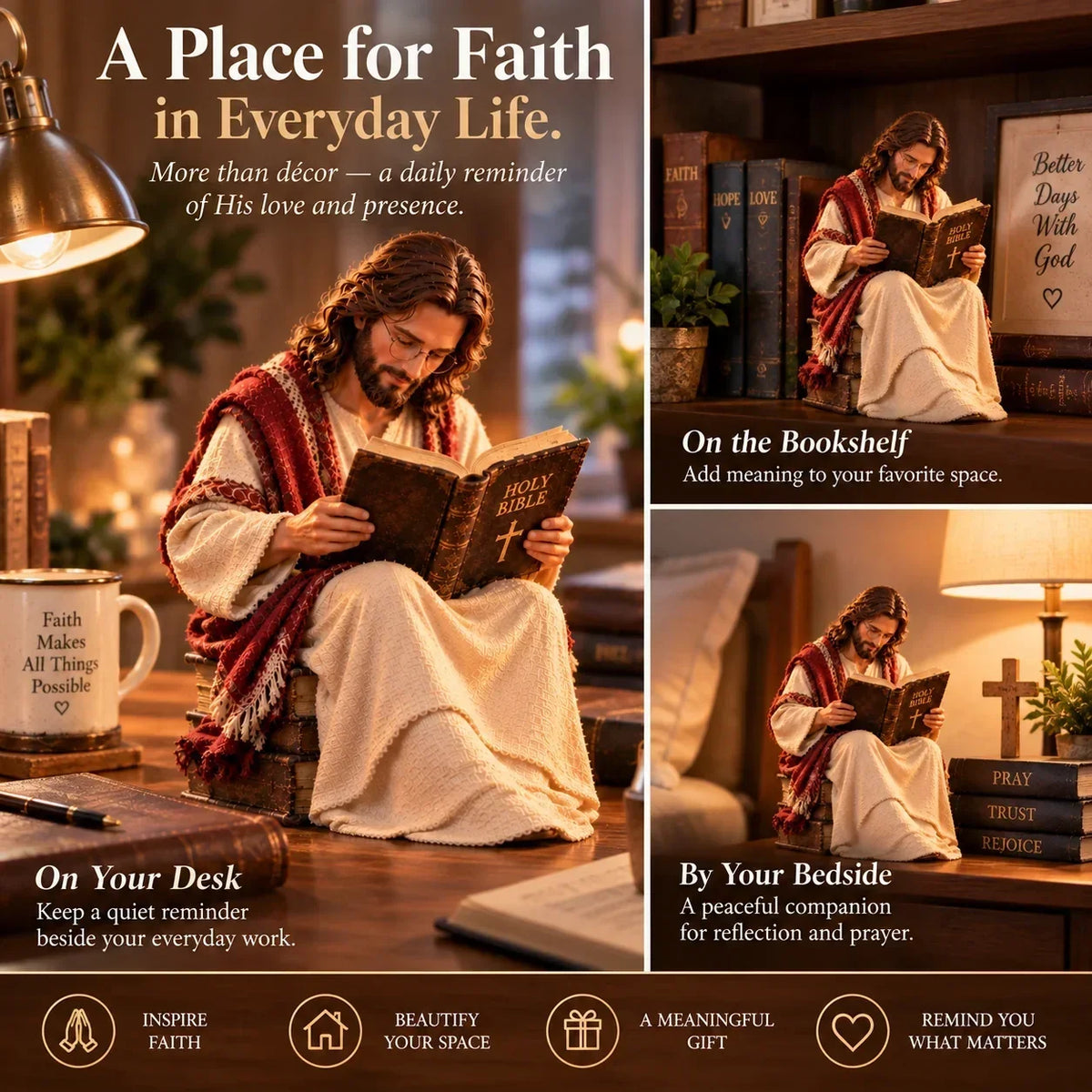Jesus Reading the Bible Figurine – Peaceful Christian Faith Decor for Desk, Bookshelf, Bedside & Prayer Space