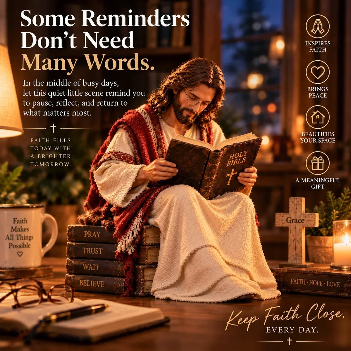 Jesus Reading the Bible Figurine – Peaceful Christian Faith Decor for Desk, Bookshelf, Bedside & Prayer Space