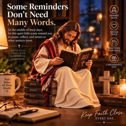 Jesus Reading the Bible Figurine – Peaceful Christian Faith Decor for Desk, Bookshelf, Bedside & Prayer Space