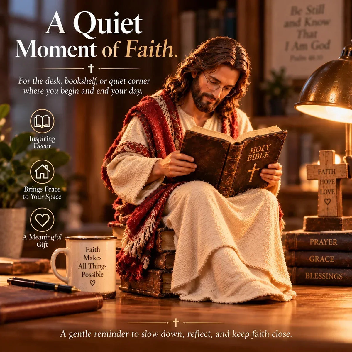 Jesus Reading the Bible Figurine – Peaceful Christian Faith Decor for Desk, Bookshelf, Bedside & Prayer Space