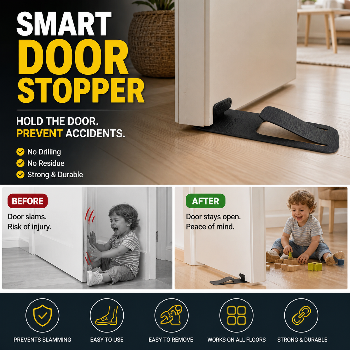 Door Stopper Protector –  No-drill, residue-free & holds doors open. Safe & simple – stock up & save! 🏠✅