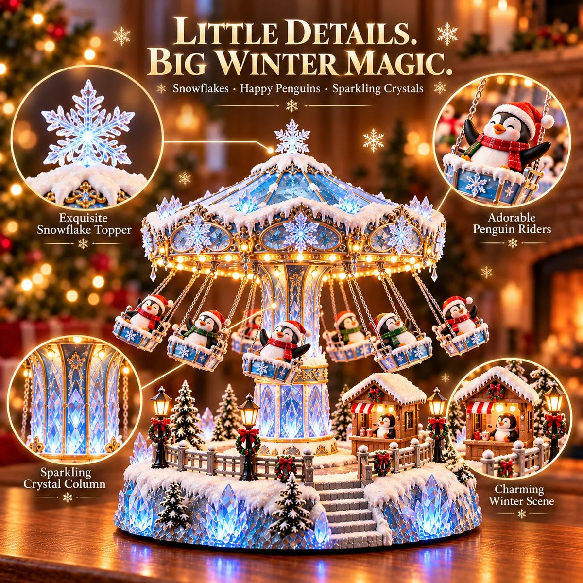 🔥Last day 50% OFF 🐧 Lighted Rotating Penguin Christmas Carousel – Musical Winter Wonderland Tabletop Holiday Decoration