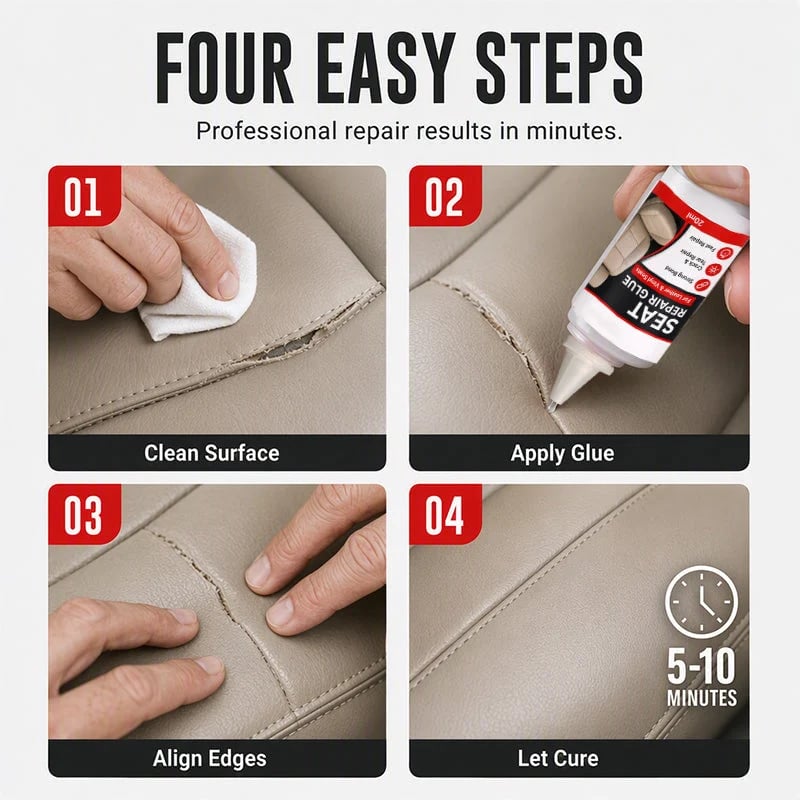 Four-step illustrated process showing cleaning the car seat surface, applying glue, aligning torn edges and allowing the repair to cure